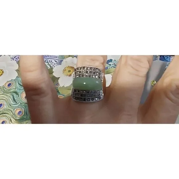 Sparkling Genuine Marcasite & Green Jade Gemstone Wide Band Ring Sz 9 - Picture 4 of 4